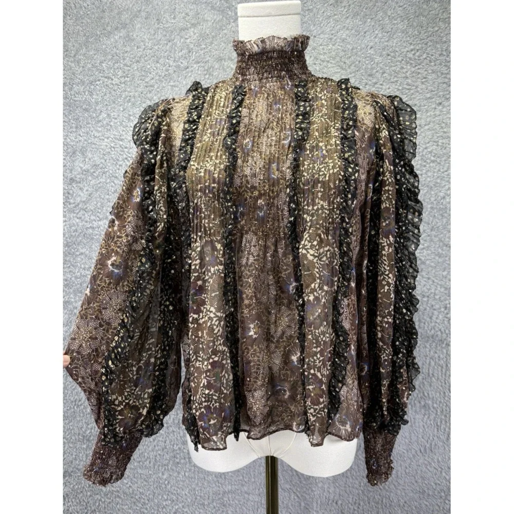 Ulla Johnson Womens 4 Silk Chiffon Blouse Metallic Floral Smocked Ruffle Boho